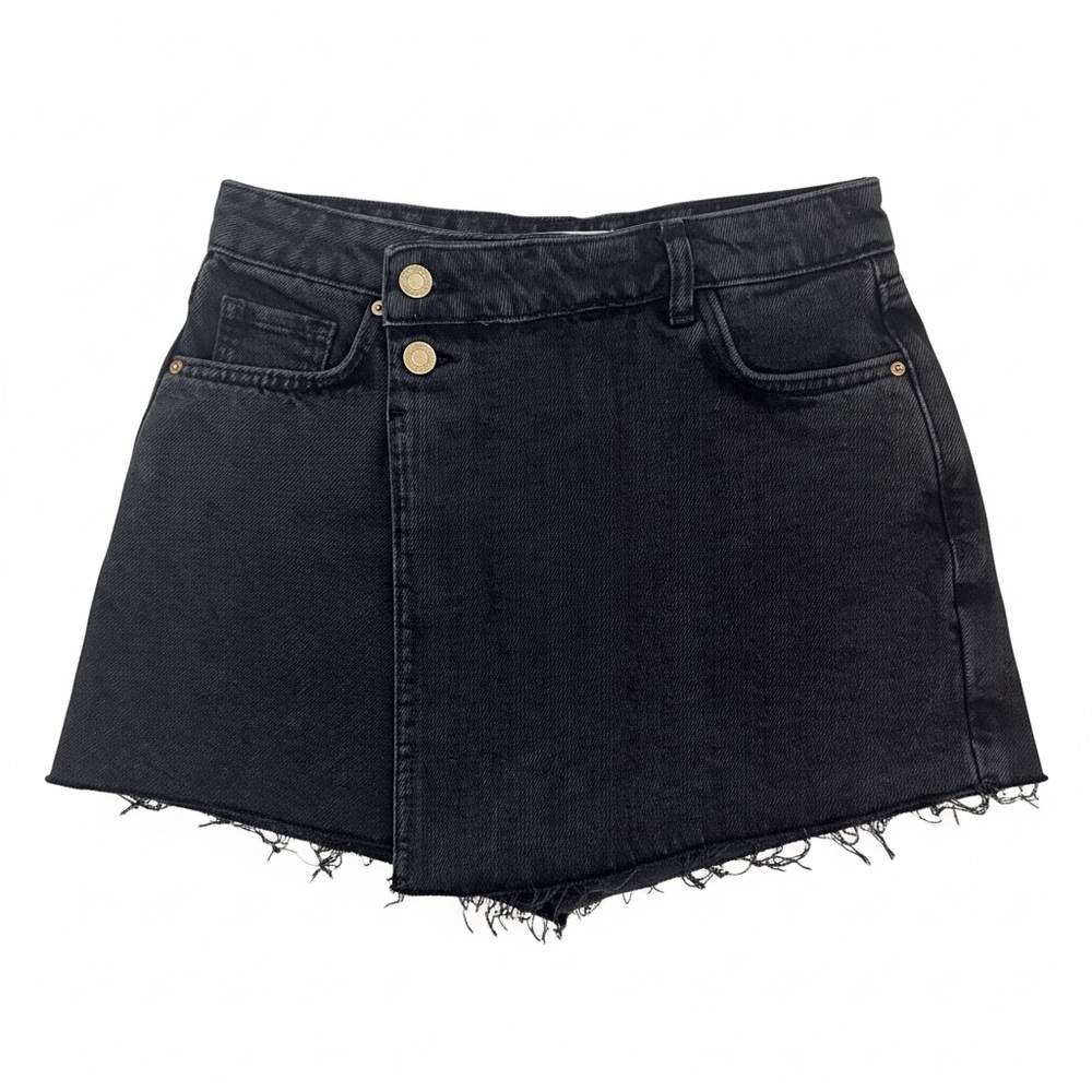 ZARA Black Denim Wrap Skort XS High Rise 100% Cotton Raw Hem